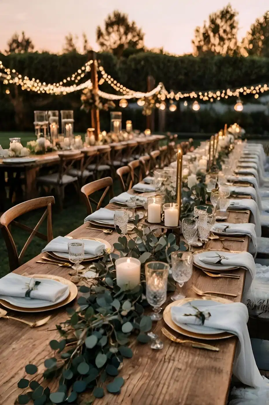 Long outdoor dinner table decorated with green foliage, candles, and warm overhead string lights