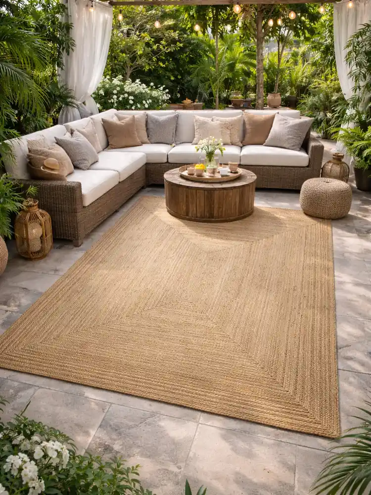 Natural tan woven outdoor rug beneath rounded patio seating with wooden furniture and cream cushions.