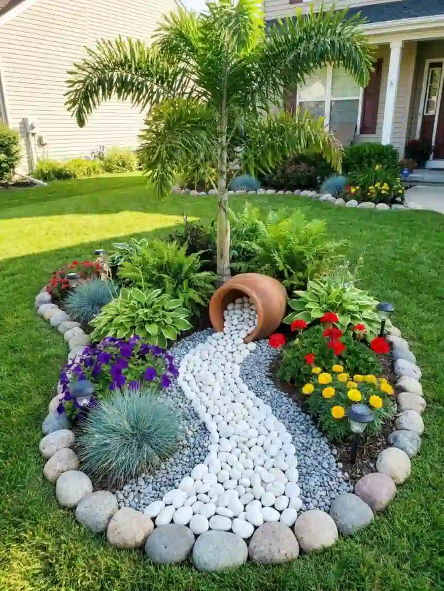 Circular pebble garden featuring succulents, flowering plants, and decorative stones arranged around a central planting.