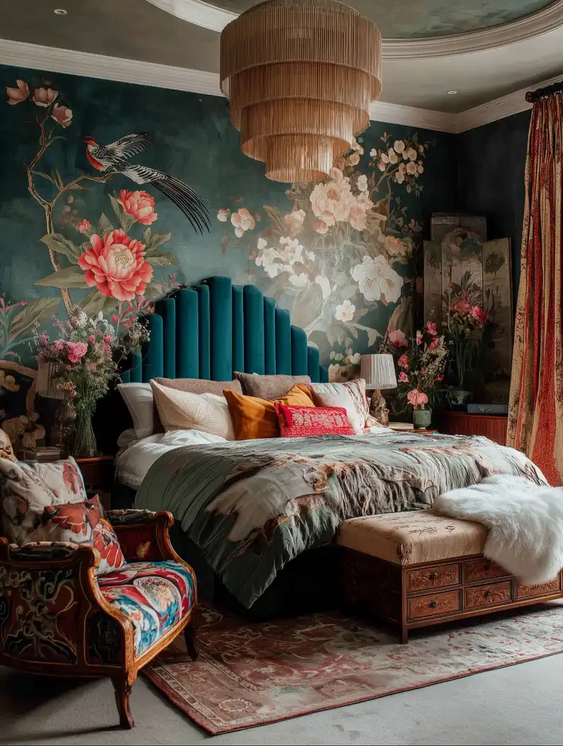 Dark boho bedroom with a dramatic floral mural, teal scalloped headboard, rust pillows, patterned textiles, and warm wood furniture