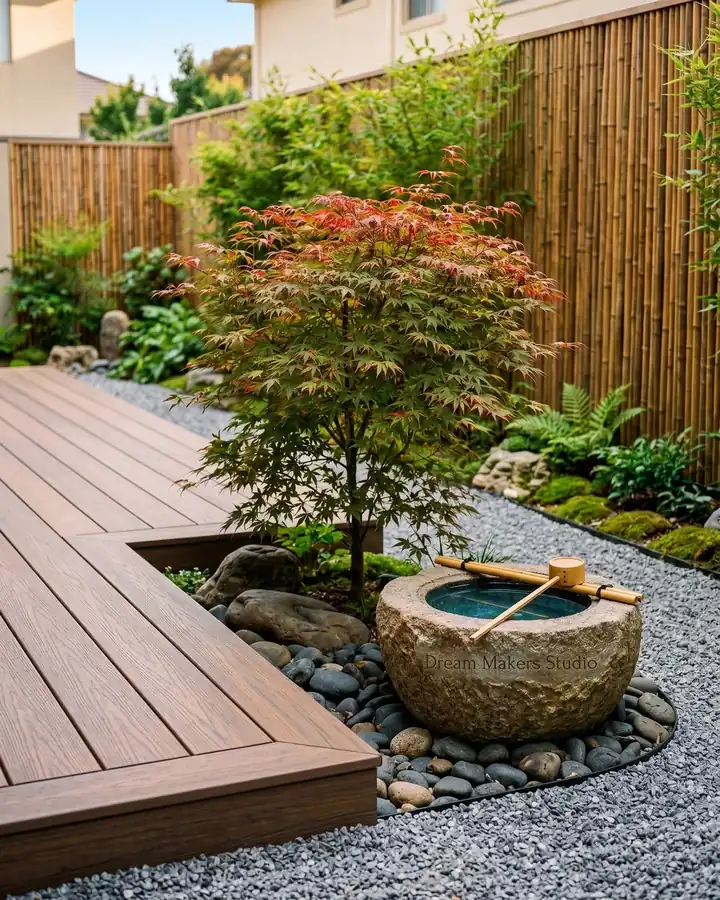 Small Japanese garden beside a wooden deck with a maple tree, gravel bed, and stone water basin