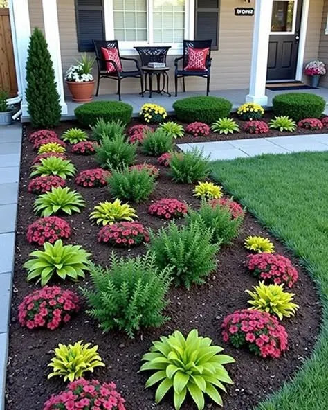 Front yard flower bed with small clusters of pink, purple, and yellow flowers surrounded by green foliage