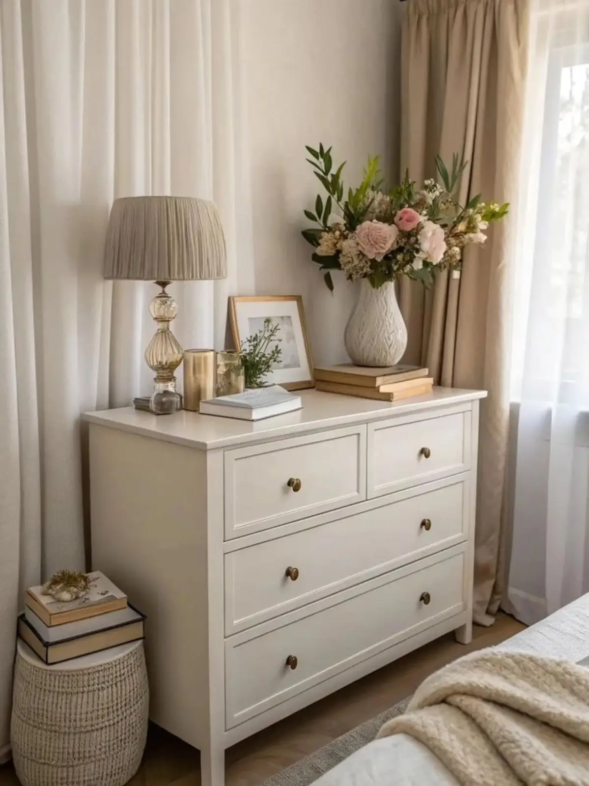 Bedroom dresser styled with pleated table lamp, framed art, books, candles, and dusty pink flowers