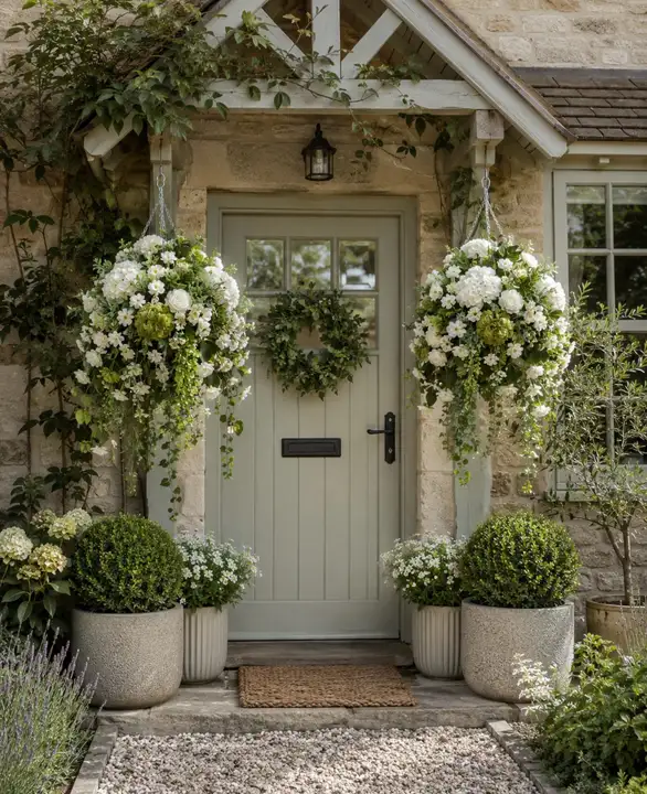 Sage green front door with a green wreath, white flowers, and pale stone planters