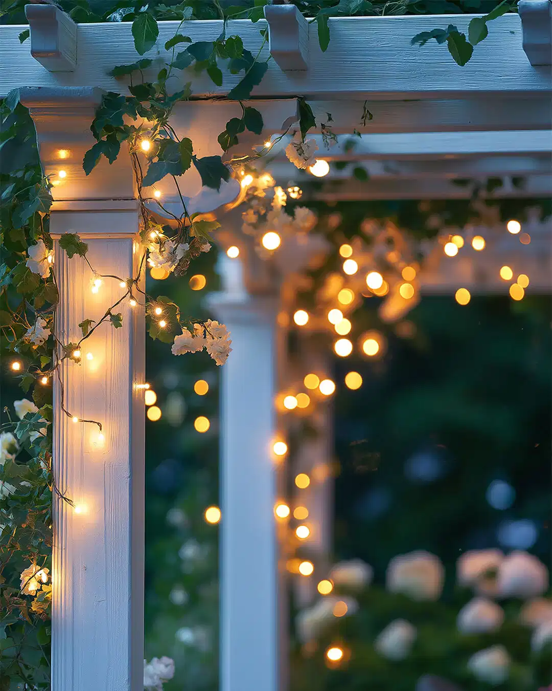Close-up of warm outdoor string lights wrapped around a post beside green foliage