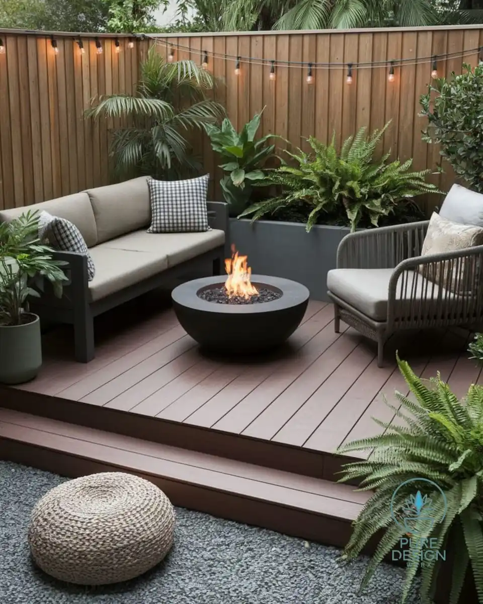 Compact wooden deck with privacy fence, gray outdoor seating, fire pit, and large fern planters