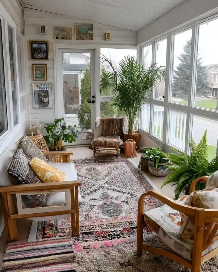 Long enclosed porch with seating along the sides, patterned rug, potted plants, and large windows.