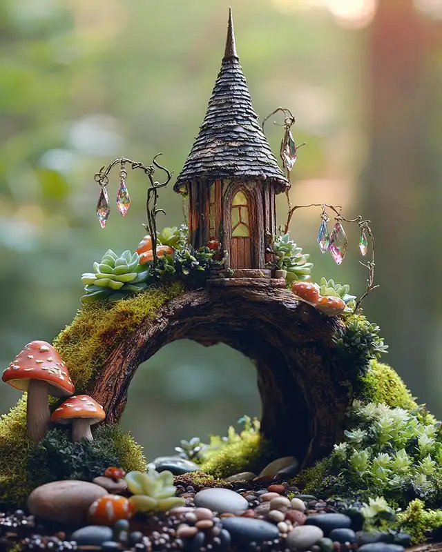 Woodland fairy garden built around a tree stump with a tiny tower, moss, mushrooms, and greenery