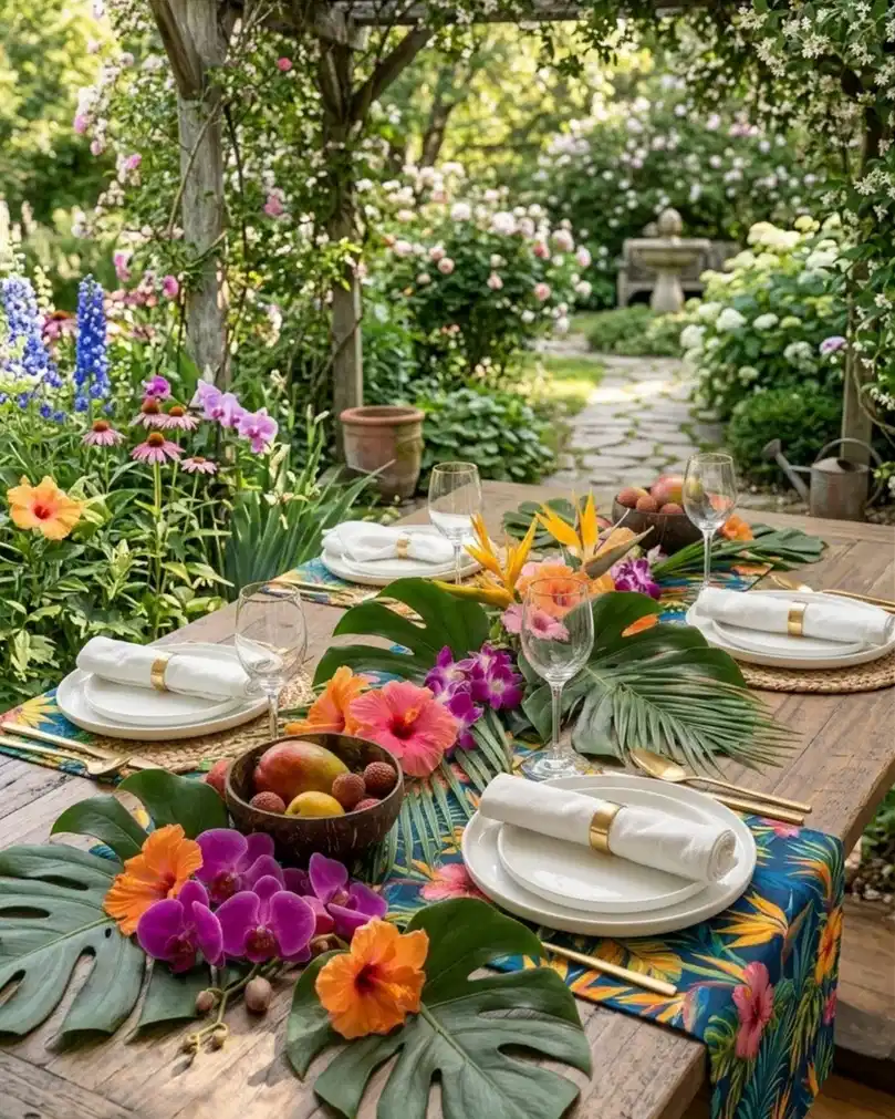Colorful outdoor dining table filled with pink, purple, orange, and yellow garden flowers