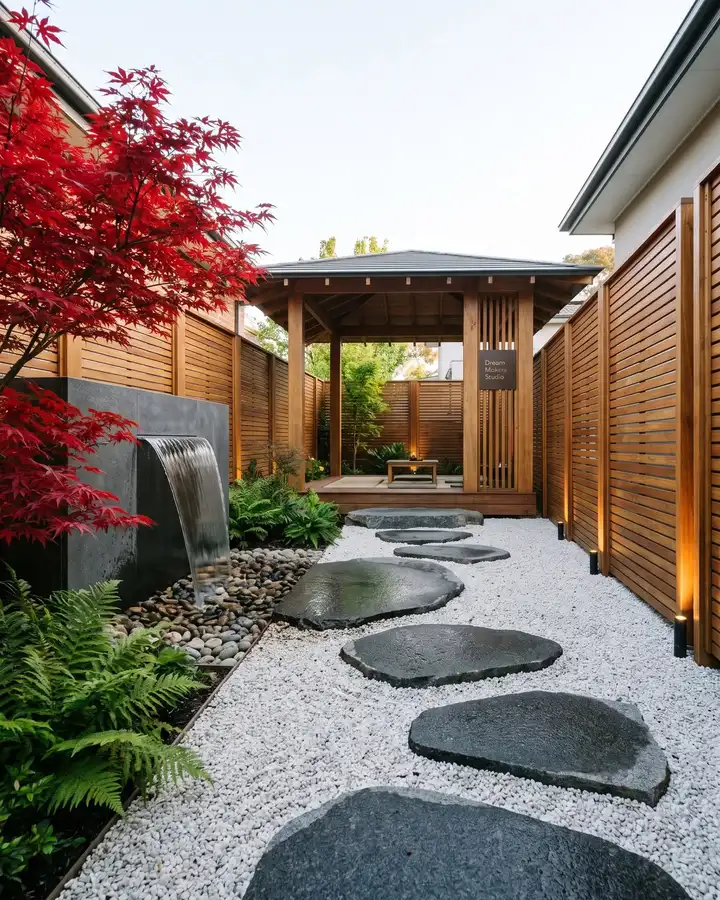 Narrow Japanese garden with round stepping stones, gray gravel, a red maple, and wooden fence
