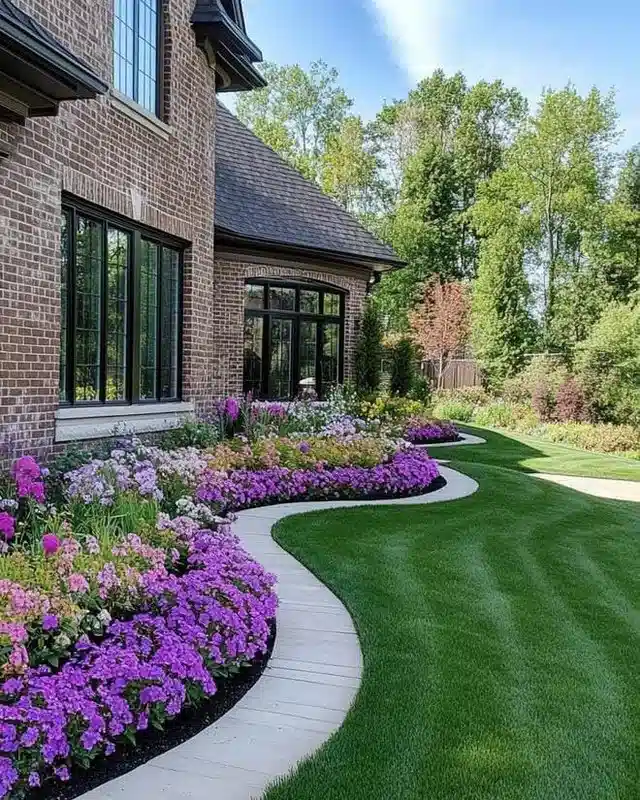 Purple flowers growing in a curved border along the front of a house with darker shrubs behind them.