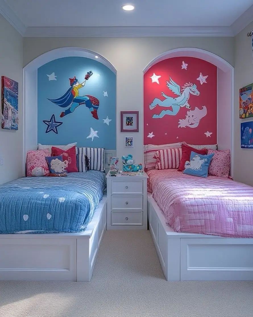 Shared kids bedroom with blue superhero bed area and pink unicorn themed bed area