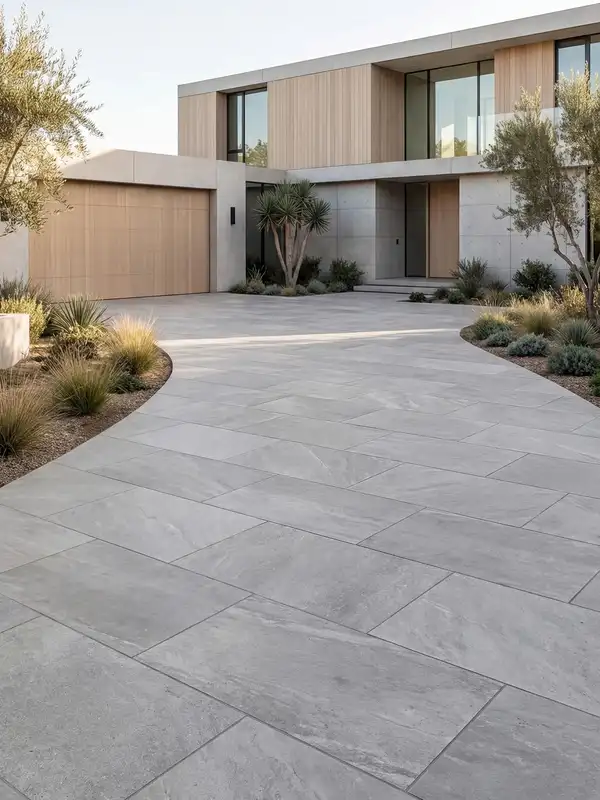 Modern driveway with large pale paving slabs and minimal landscaping around a contemporary house