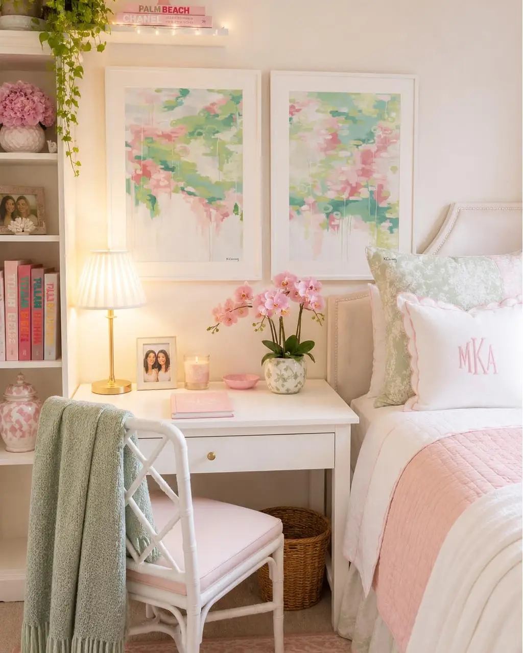 Dorm desk beside a bed with lamp, framed decor, and a compact dual-purpose setup