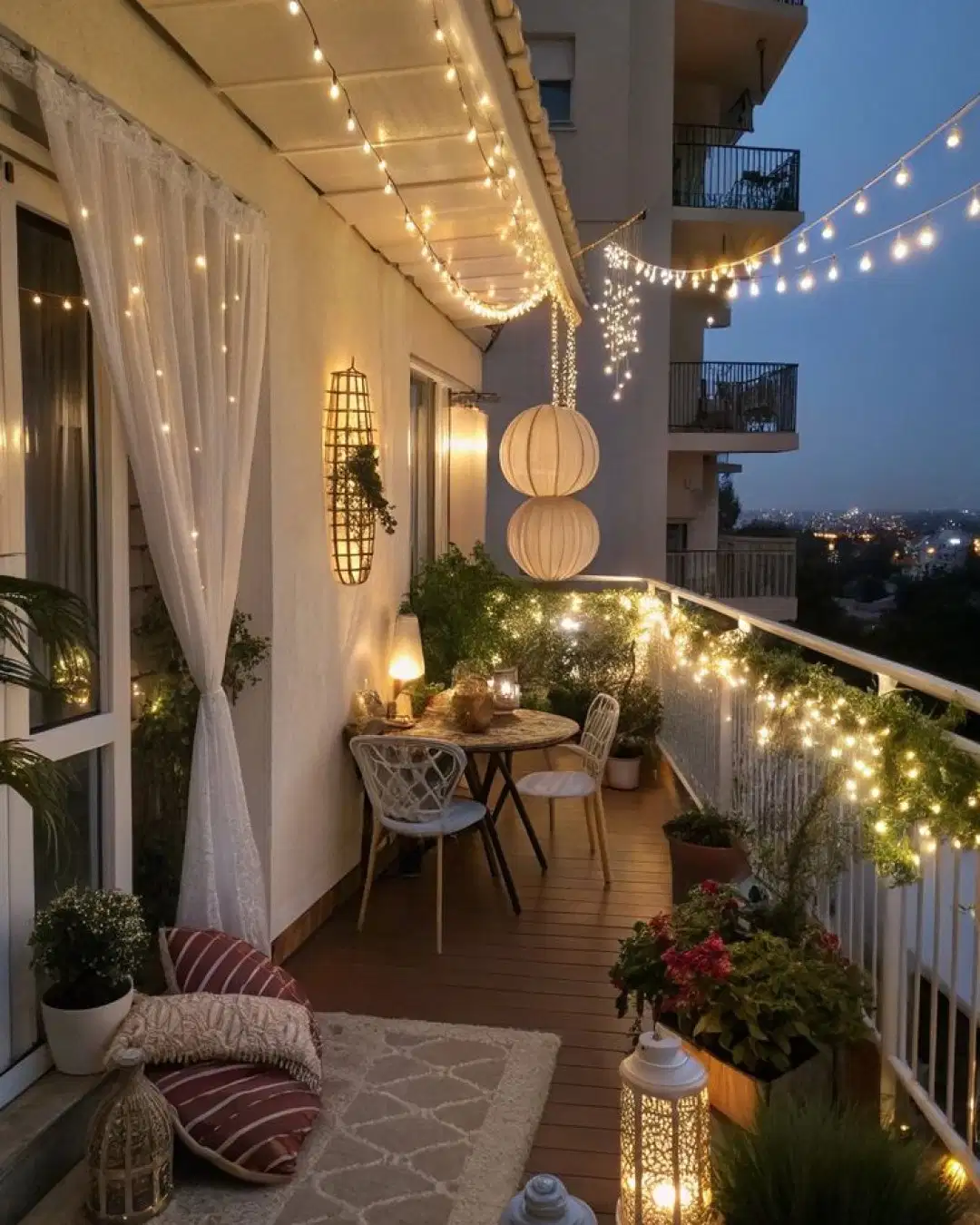 Outdoor string lights along a balcony railing and overhead above compact seating