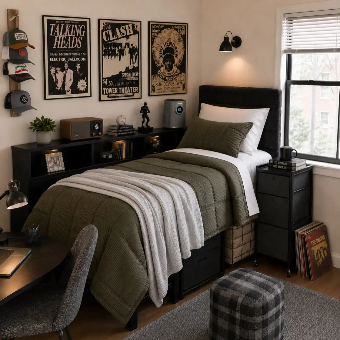 Dark dorm room with olive green bedding, warm wood furniture, vintage posters, and a checked stool