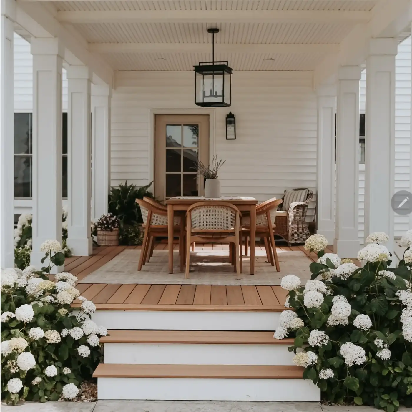 White front porch with broad wood steps, white flowers, centered entry door, and simple outdoor seating.