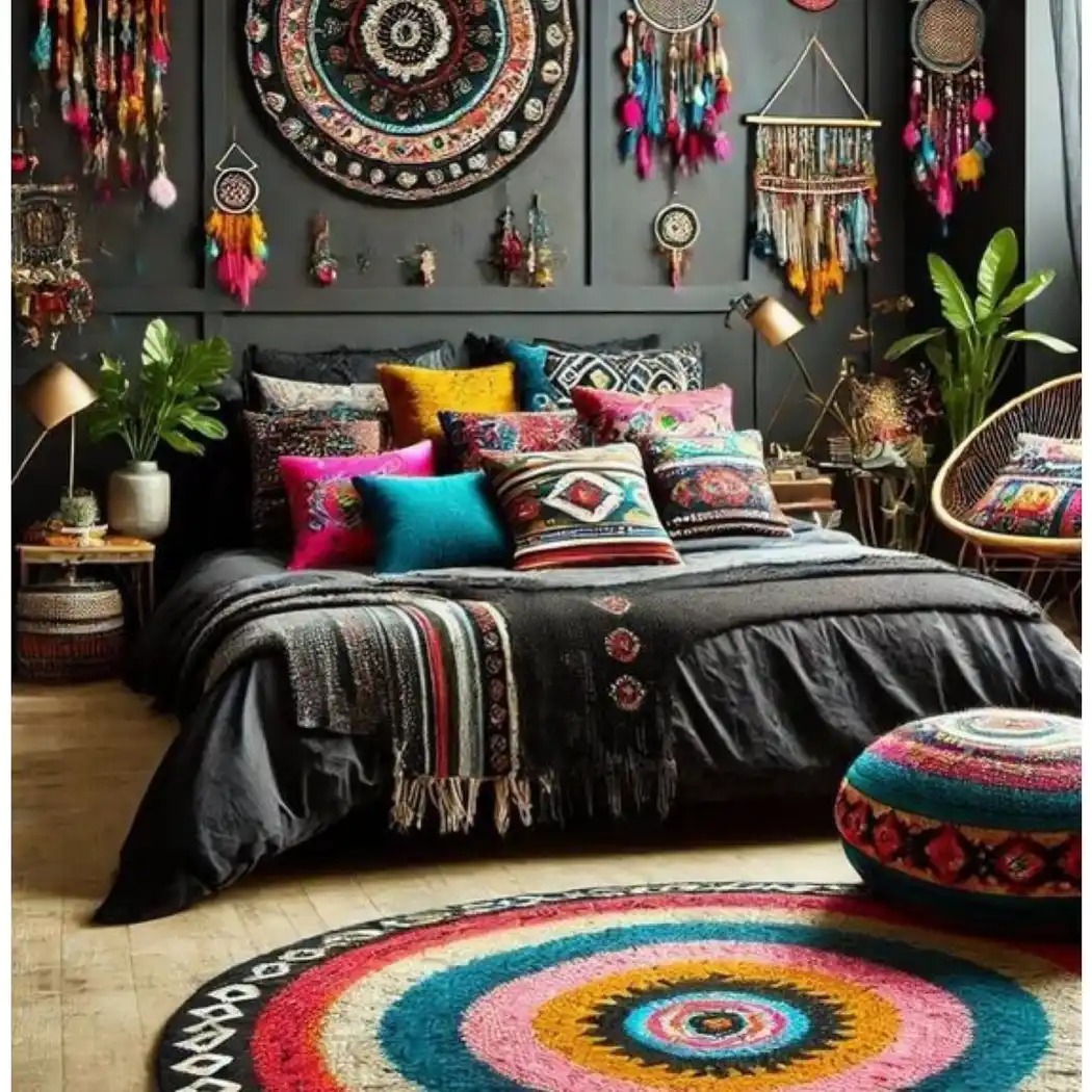 Nearly black boho bedroom with charcoal bedding, colorful patterned pillows, woven wall hangings, plants, and a round patterned rug