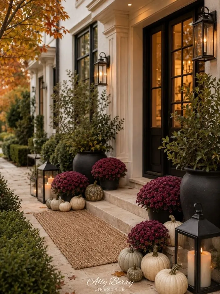 Front walkway lined with green shrubs, rounded flower planters, and lanterns leading to a dark front door