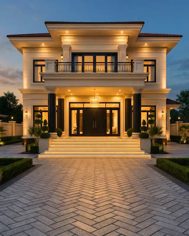 Driveway at dusk with warm outdoor lighting illuminating the paved entrance and house