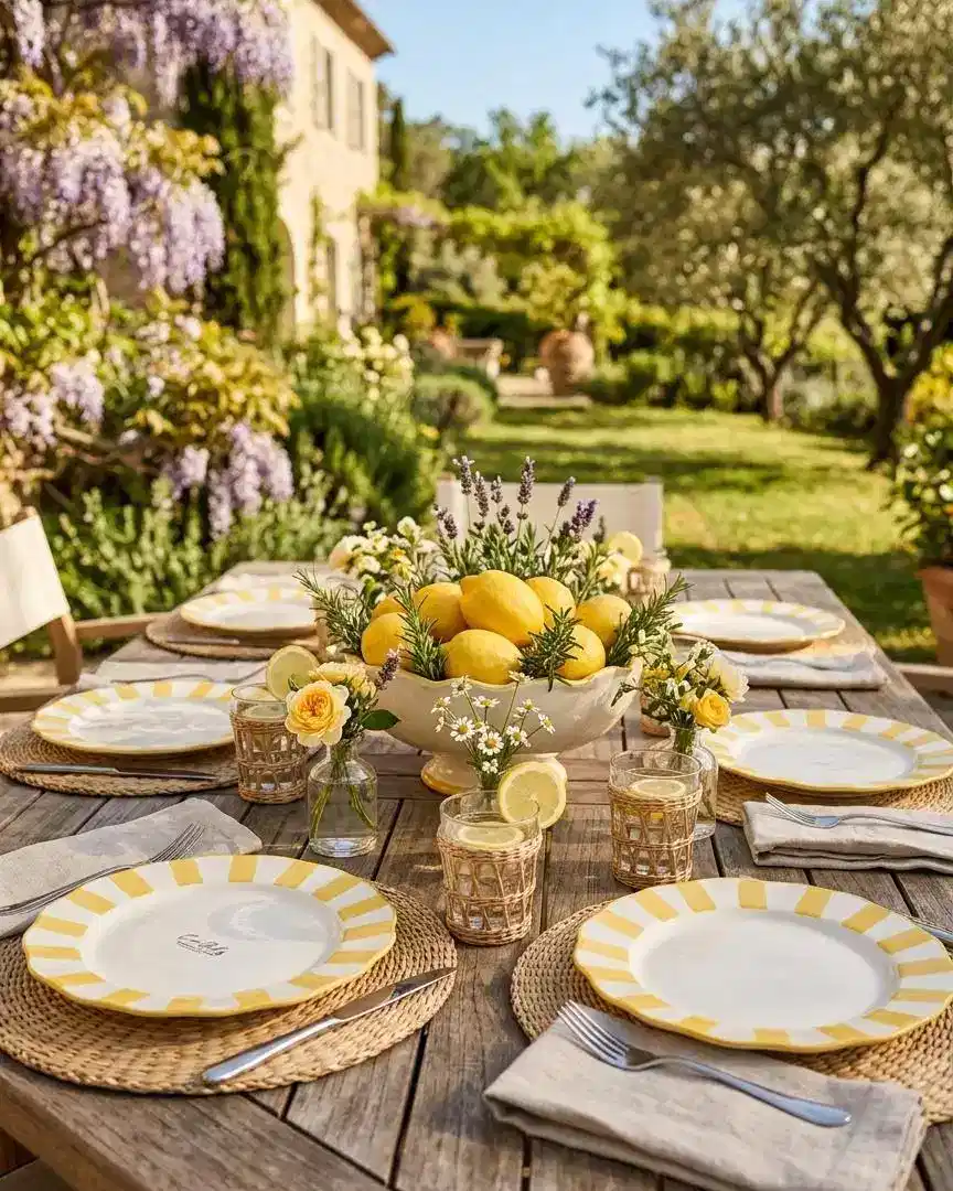 Wooden outdoor dining table with yellow flowers, gold-edged plates, and neutral linens