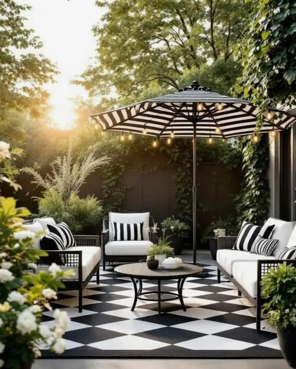 Black-and-white checkered patio with striped umbrella, matching cushions, metal furniture, and garden greenery