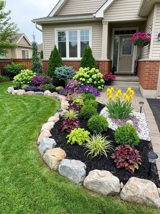 Curved front flower bed with white, purple, and yellow flowers mixed with large decorative stones
