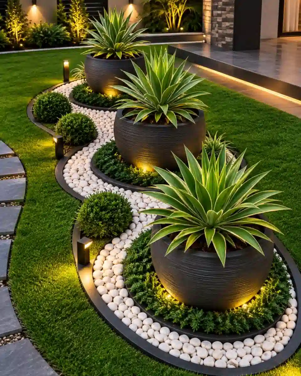 Curved planting islands with decorative stones and garden lights repeated across a landscaped front yard.