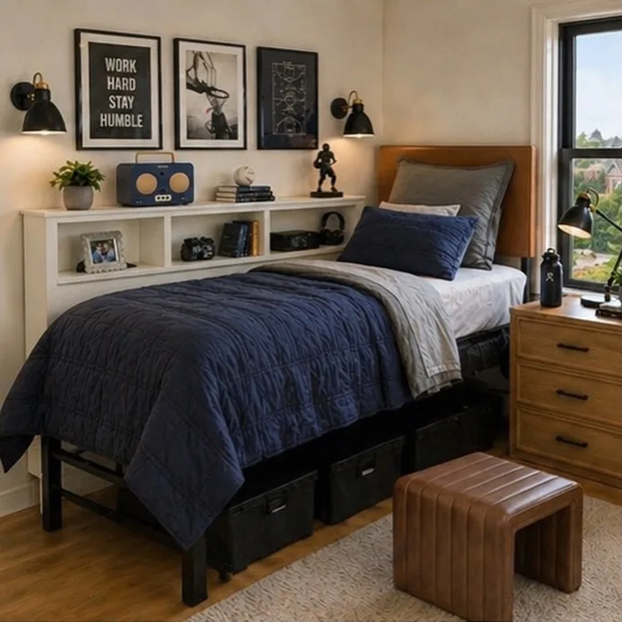 Dorm bed with a long shelf behind the headboard holding books, framed photos, decor, and a lamp