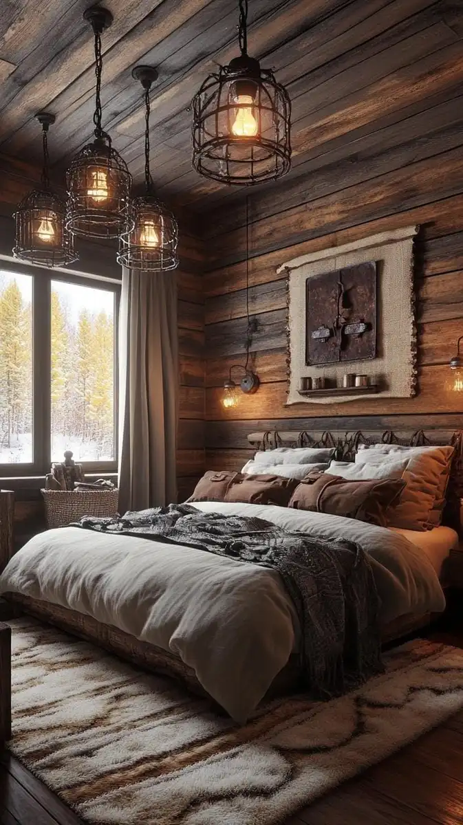 Dark wood bedroom with wood-paneled walls and ceiling, white bedding, brown pillows, charcoal throw, and woven boho decor