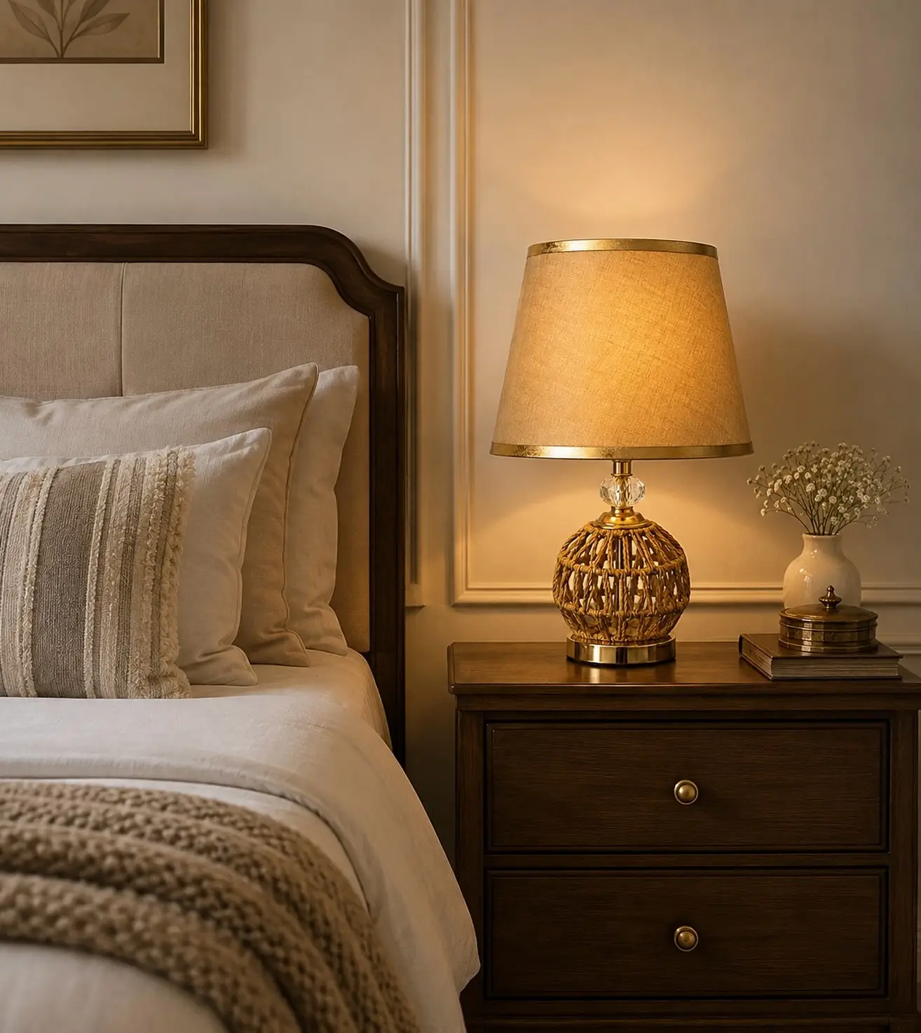Warm wood bedside table with glowing lamp, pale flowers, books, and cream bedroom decor
