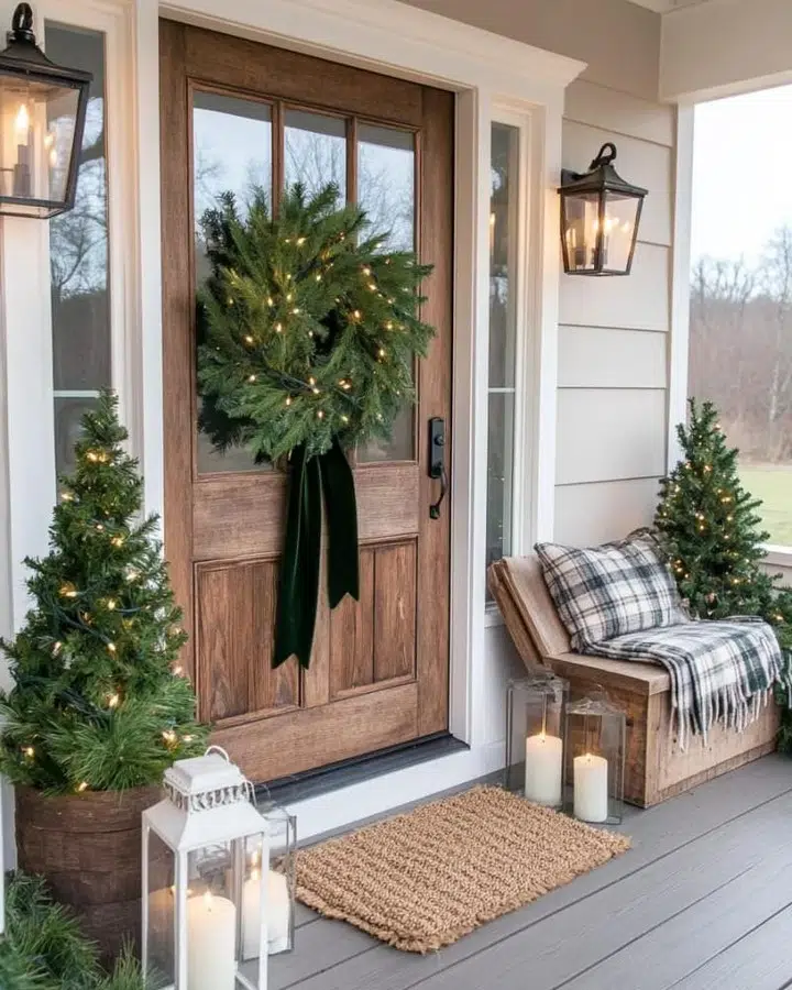 Farmhouse front porch with a natural wood front door, green wreath, black lanterns, evergreen tree, and checked cushion