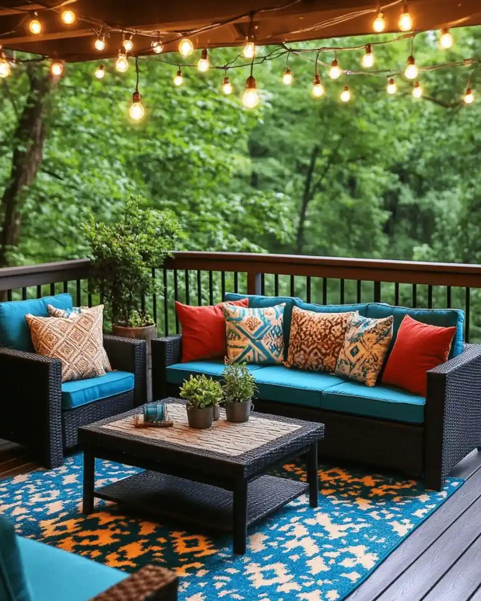 Outdoor wicker seating with turquoise cushions, orange accent pillows, patterned rug, and string lights
