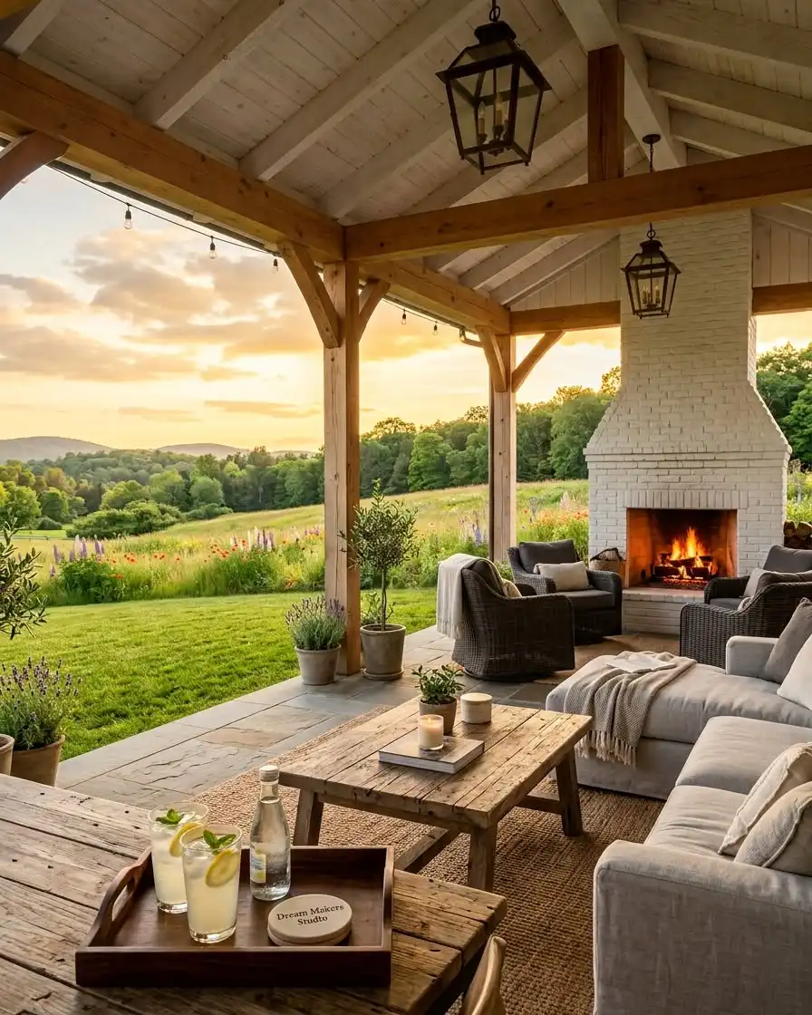 Covered porch with seating facing a stone fireplace, open garden view, and wood ceiling