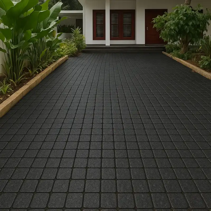 Dark grid-patterned driveway surrounded by green plants and landscaping near a house entrance