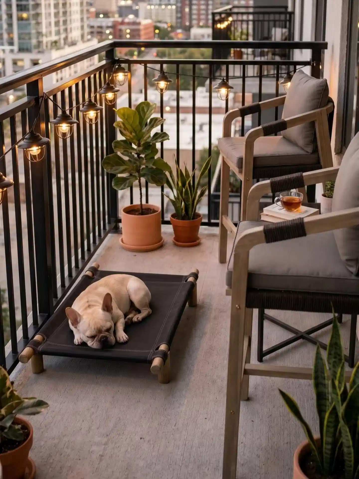Simple outdoor string lights tracing a balcony railing beside potted plants and chairs