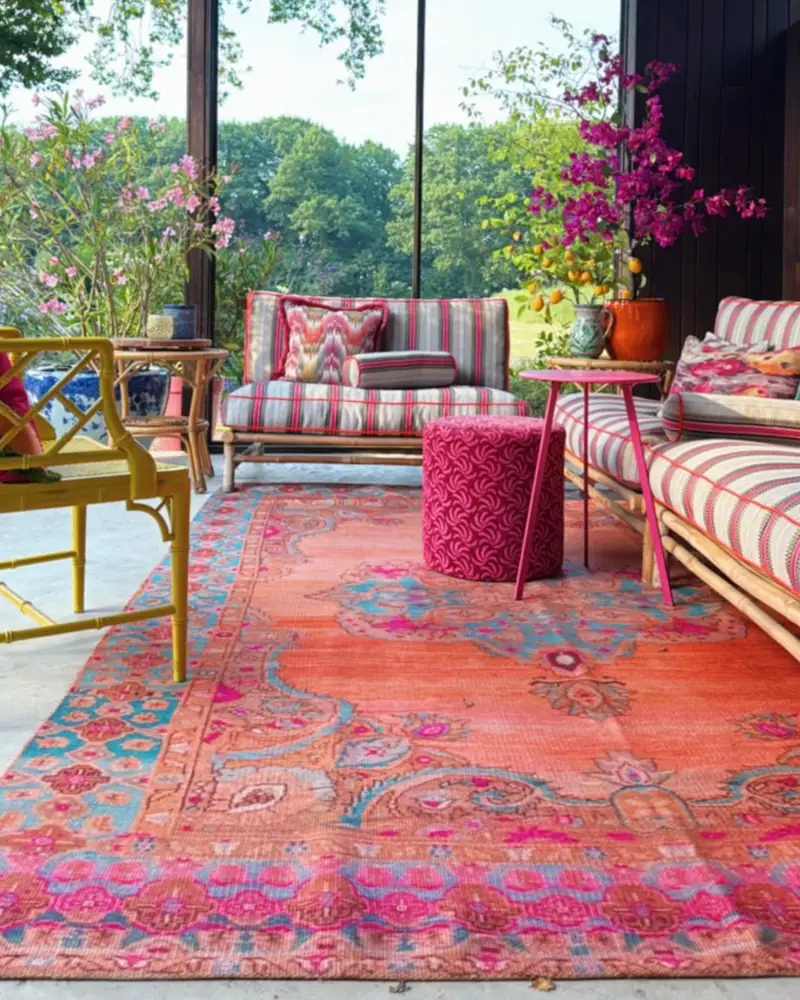 Pink and coral outdoor rug with striped cushions in a leafy garden seating nook.