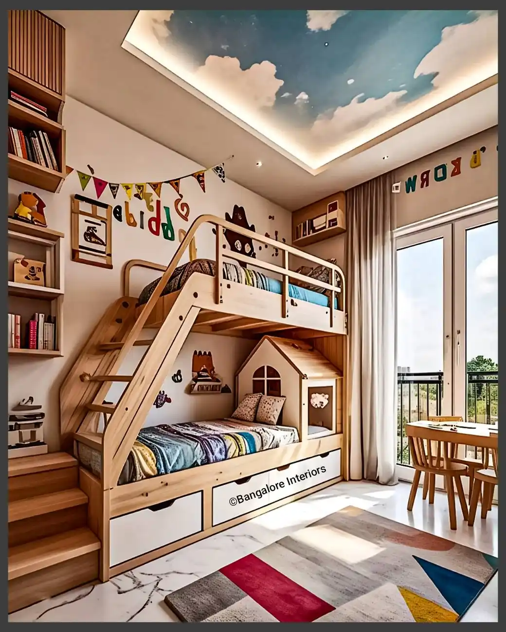 Kids bedroom with house-shaped bunk bed, built-in drawers, bookcases, and cloud ceiling detail