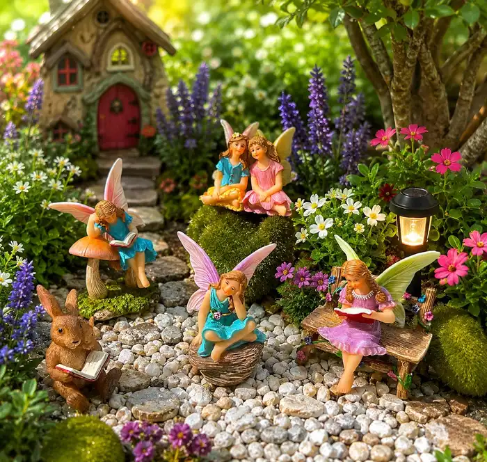 Woodland-style fairy garden filled with mushrooms, tiny houses, flowers, lanterns, stones, and figures