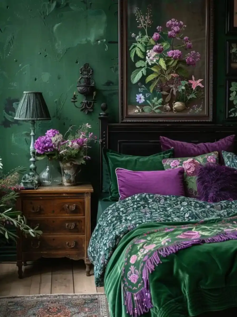 Emerald green bedroom with deep green bedding, plum pillows, floral wall art, dark wood furniture, and purple flowers