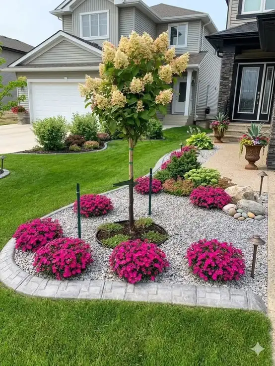 Front walkway bordered by small pink flower clusters with a young tree planted in the bed