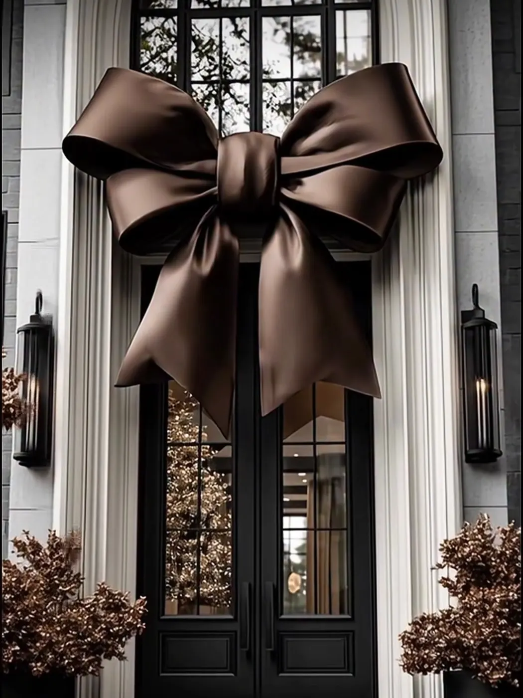 Tall black front door decorated with an oversized brown bow with long ribbon tails