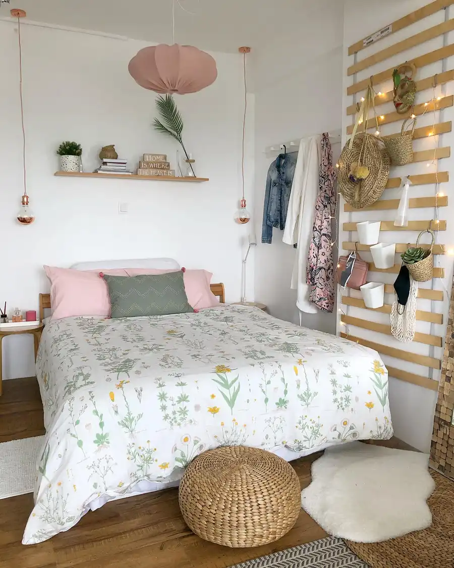 Small bedroom with vertical slatted wall storage for clothes, bags, plants and accessories