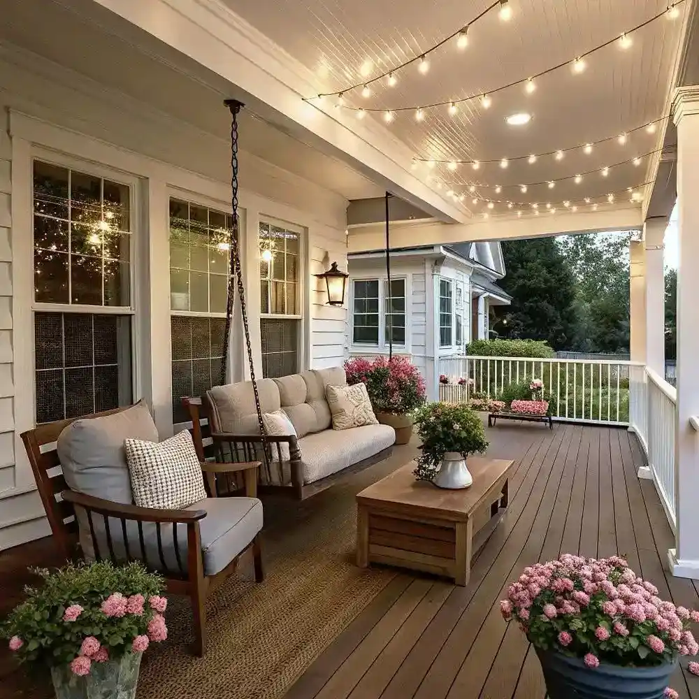 Long covered porch with seating, small tables, string lights, wood flooring, and many potted flowers.