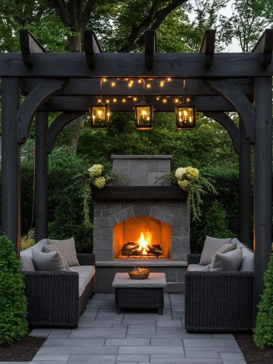Covered wooden pergola with stone fireplace, gray wicker sofas, hanging lanterns, and paved patio