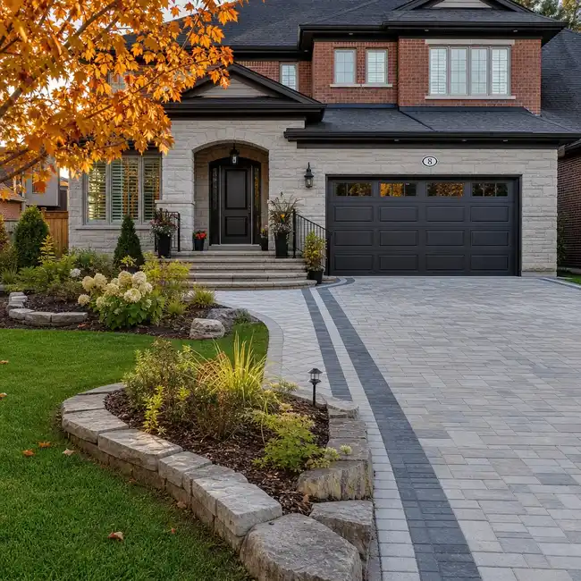 Curved stone-edged planting bed beside a driveway with shrubs and grasses near a garage