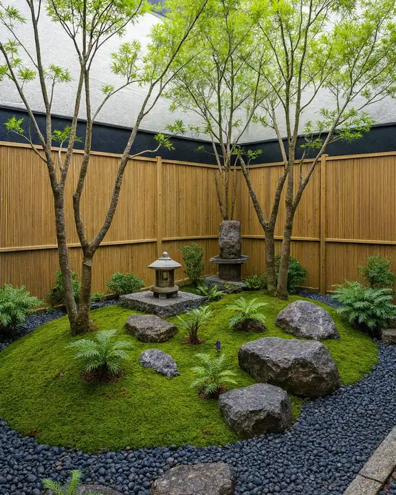 Minimalist Japanese garden with boulders, young trees, green groundcover, and a bamboo fence