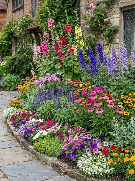 Colorful front flower bed filled with pink, purple, orange, and white flowers beside a stone walkway