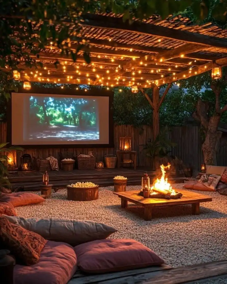Backyard fire pit with outdoor movie screen, low seating, and covered wooden structure