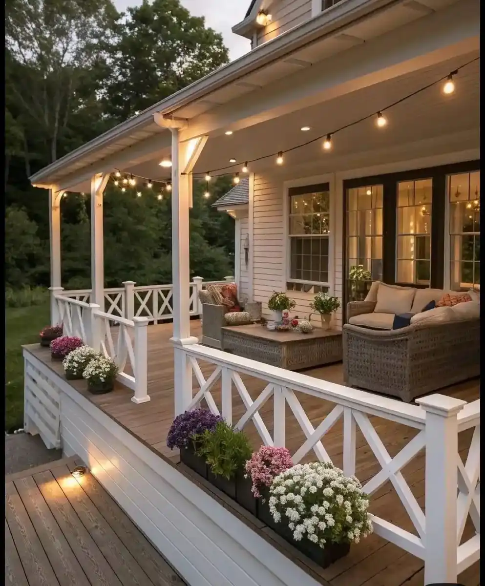 Long covered porch with white railing, outdoor seating, string lights, and potted flowers and plants.